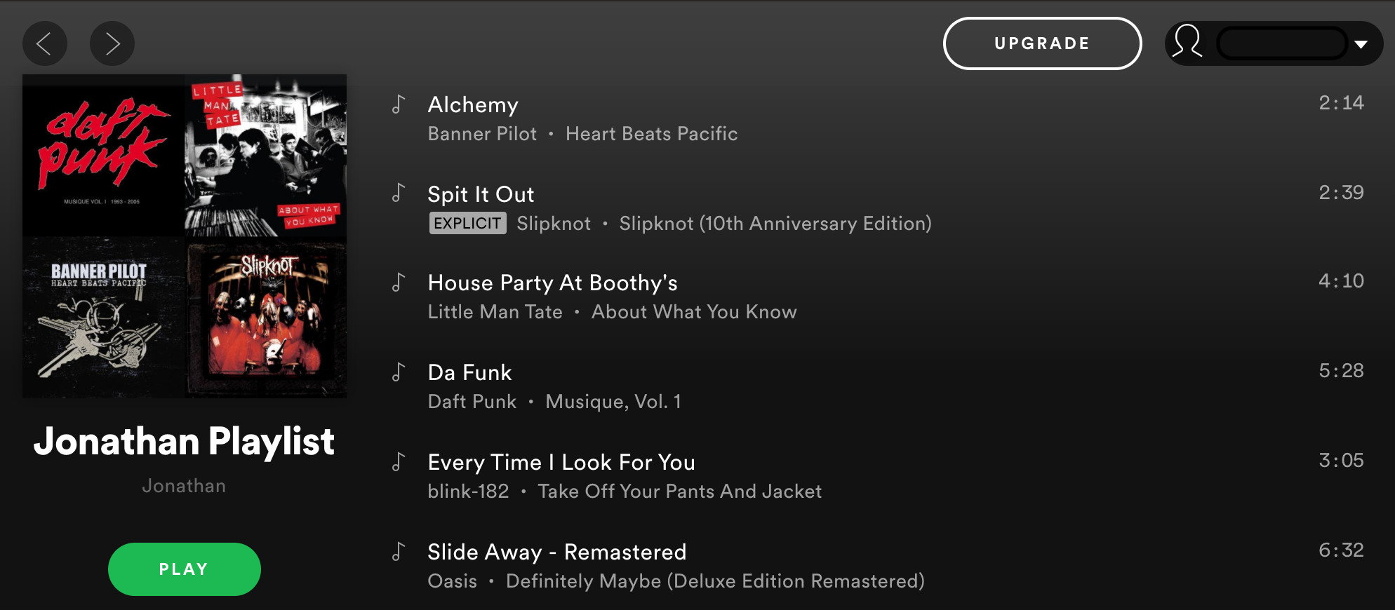 Screenshot of a Spotify playlist titled 'Jonathan Playlist'