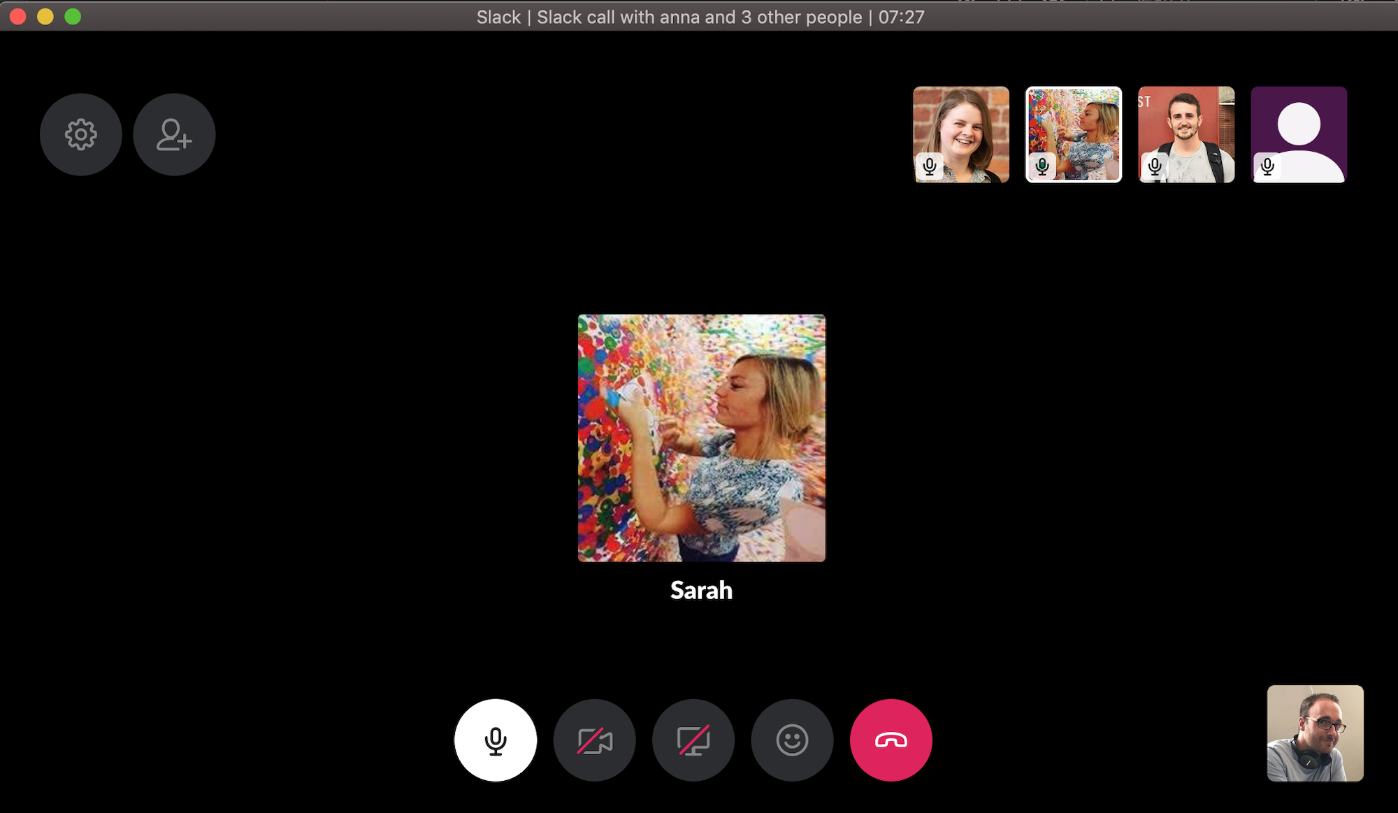 Screenshot of a group call on the Slack communication app