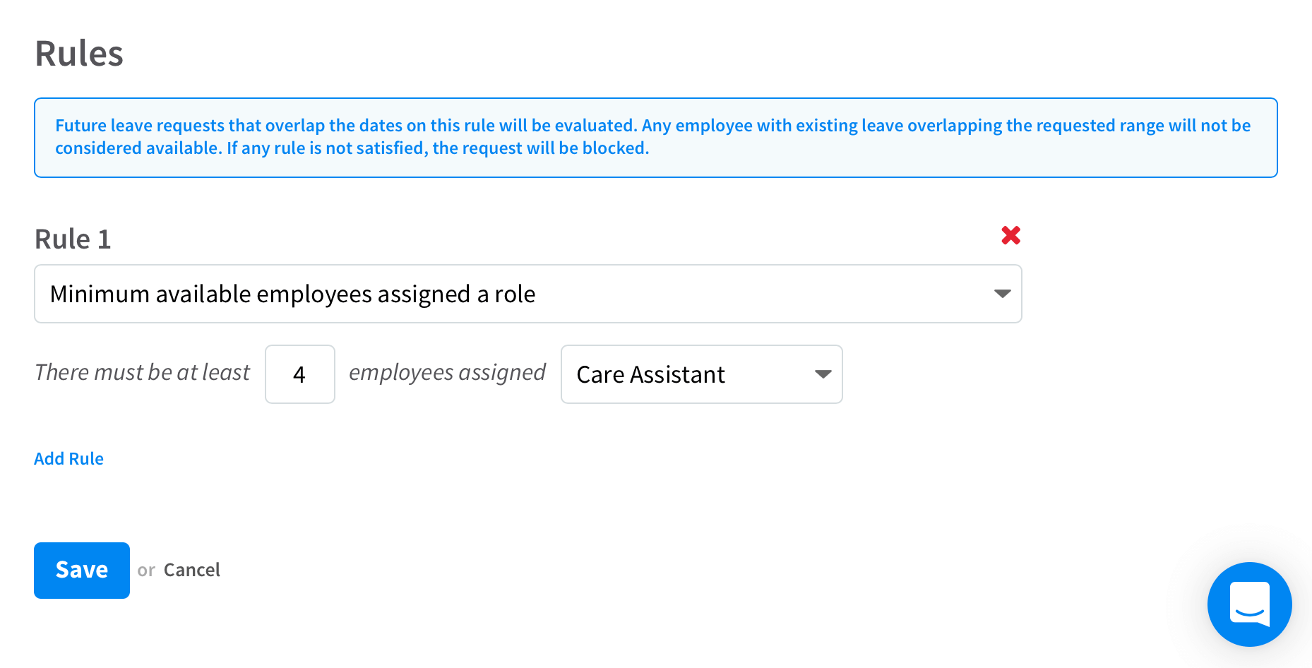A leave request rule screen in RotaCloud staff scheduling software