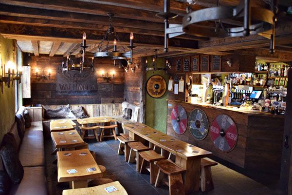 Valhalla pub in York with tables, benches and bar