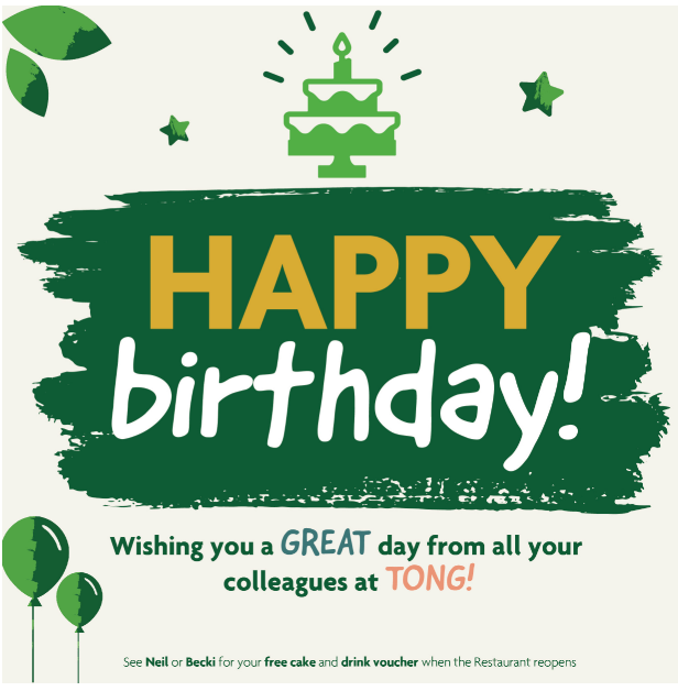 A birthday message for Tong Garden Centre employees with cake and balloon icons