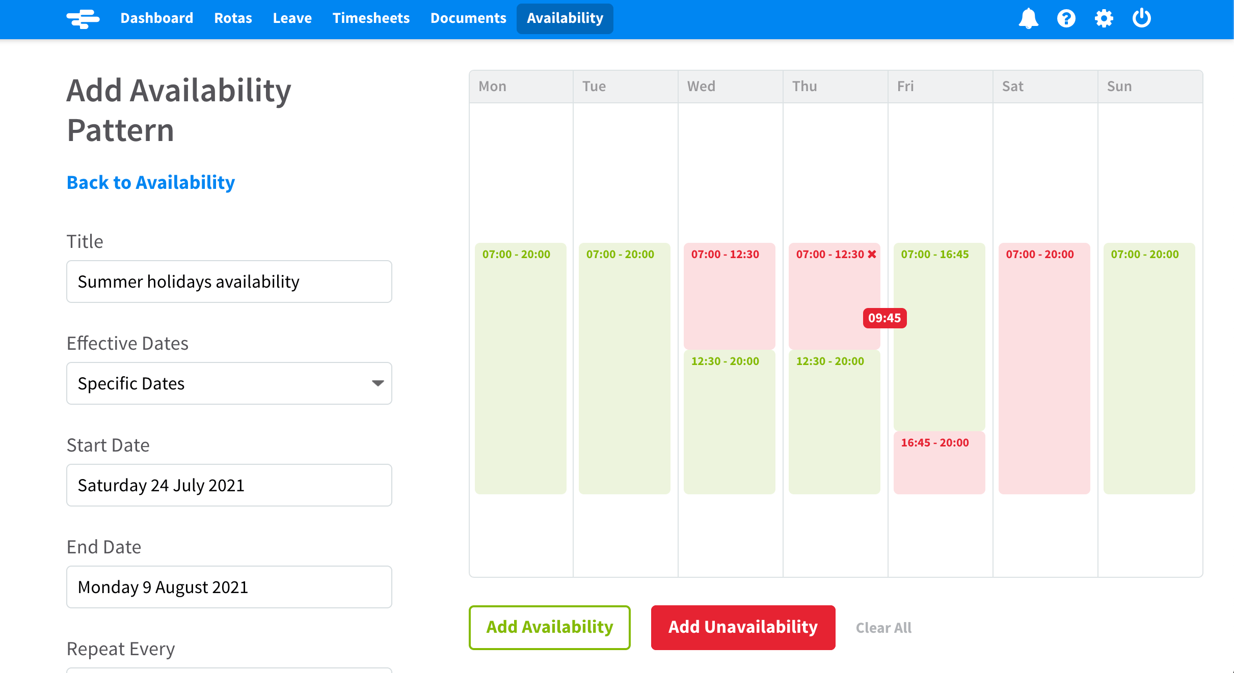 Screenshot of RotaCloud staff scheduling software with employee marking their availability in green and unavailability in red