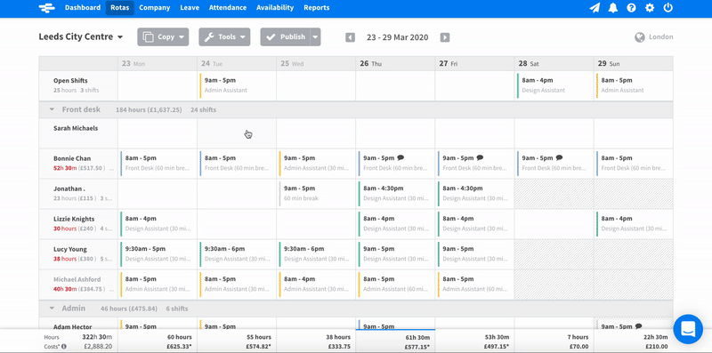 Animated GIF showing RotaCloud staff scheduling software's 'copy custom range' tool