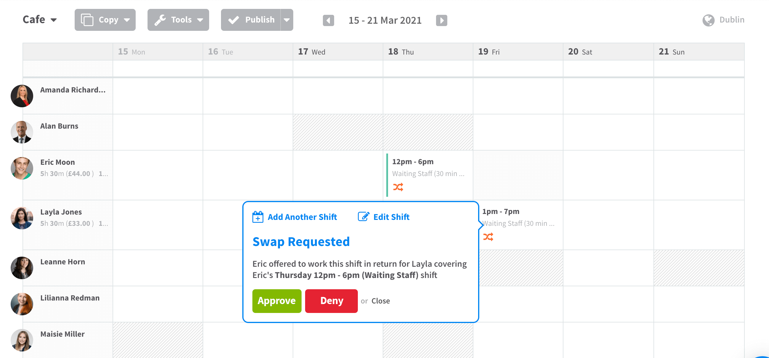 Screenshot of RotaCloud staff scheduling software: a swap request is being consider by a manager