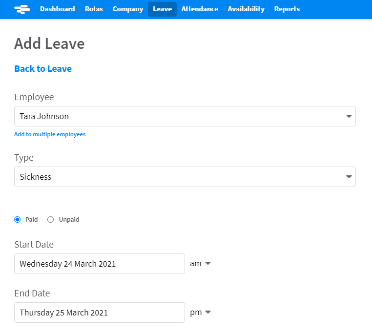 Screenshot of adding sickness absence in RotaCloud