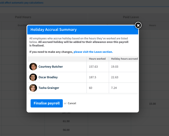 Screenshot showing holiday accrual summary in RotaCloud staff scheduling software