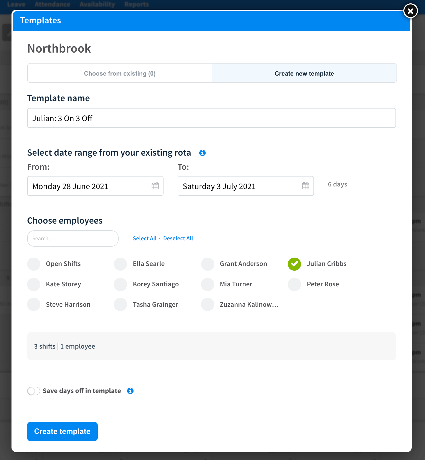 A template creation menu in RotaCloud, showing fields for template name, date range, lists of employees