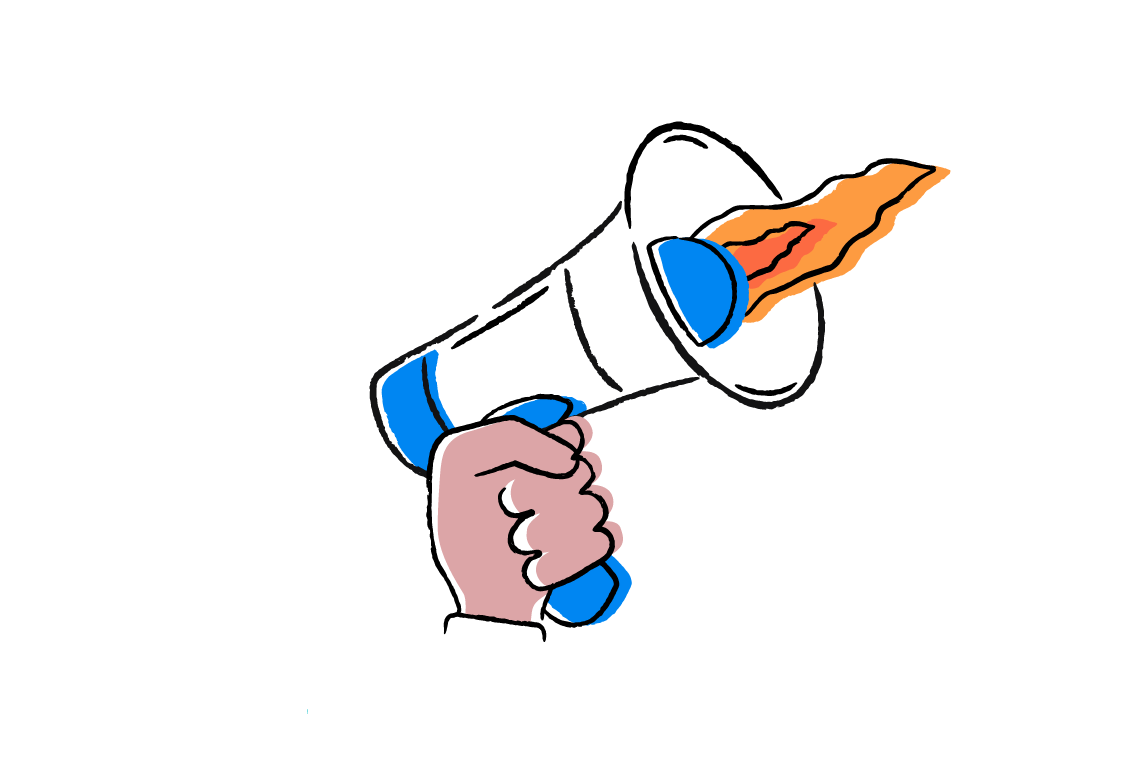 blue and white megaphone with orange flames coming out