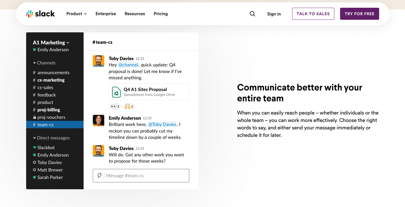 Slack's home page showing the app on the left and descriptive copy on the right