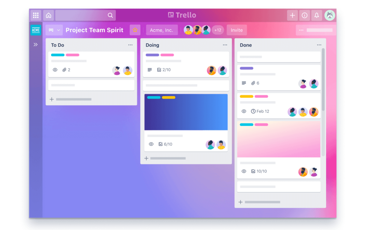 A graphical mockup of Trello with pink and purple background