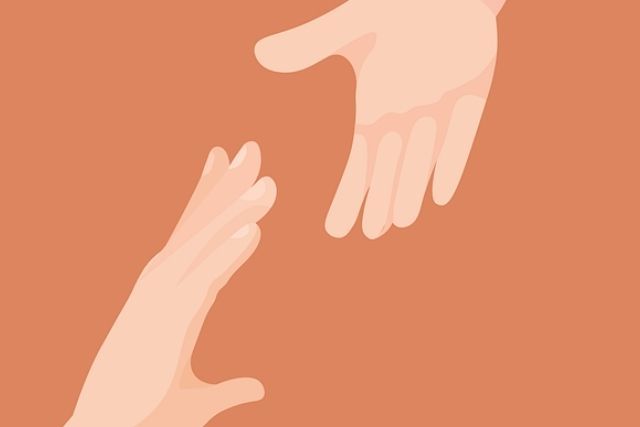 Illustration of two hands reaching towards each other, against an orange background