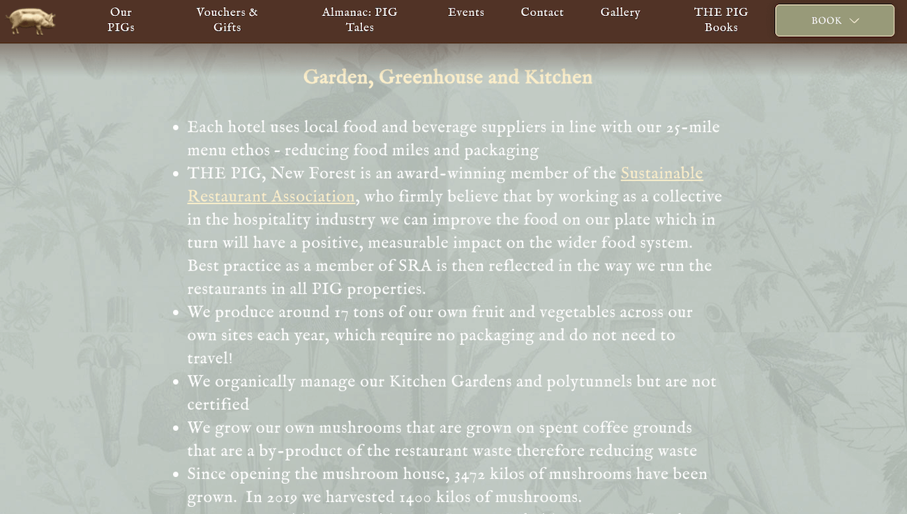 A screenshot from The Pig restaurant's 'About' page describing 'Garden, Greenhouse and Kitchen' commitments