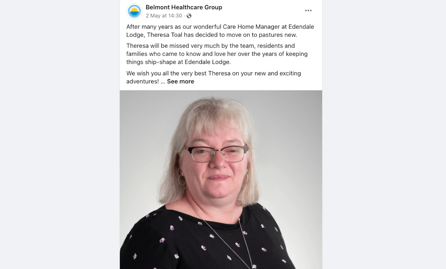 Screenshot of a Facebook post from Belmont Healthcare Group with a block of text and a portrait photo of a woman with glasses smiling.