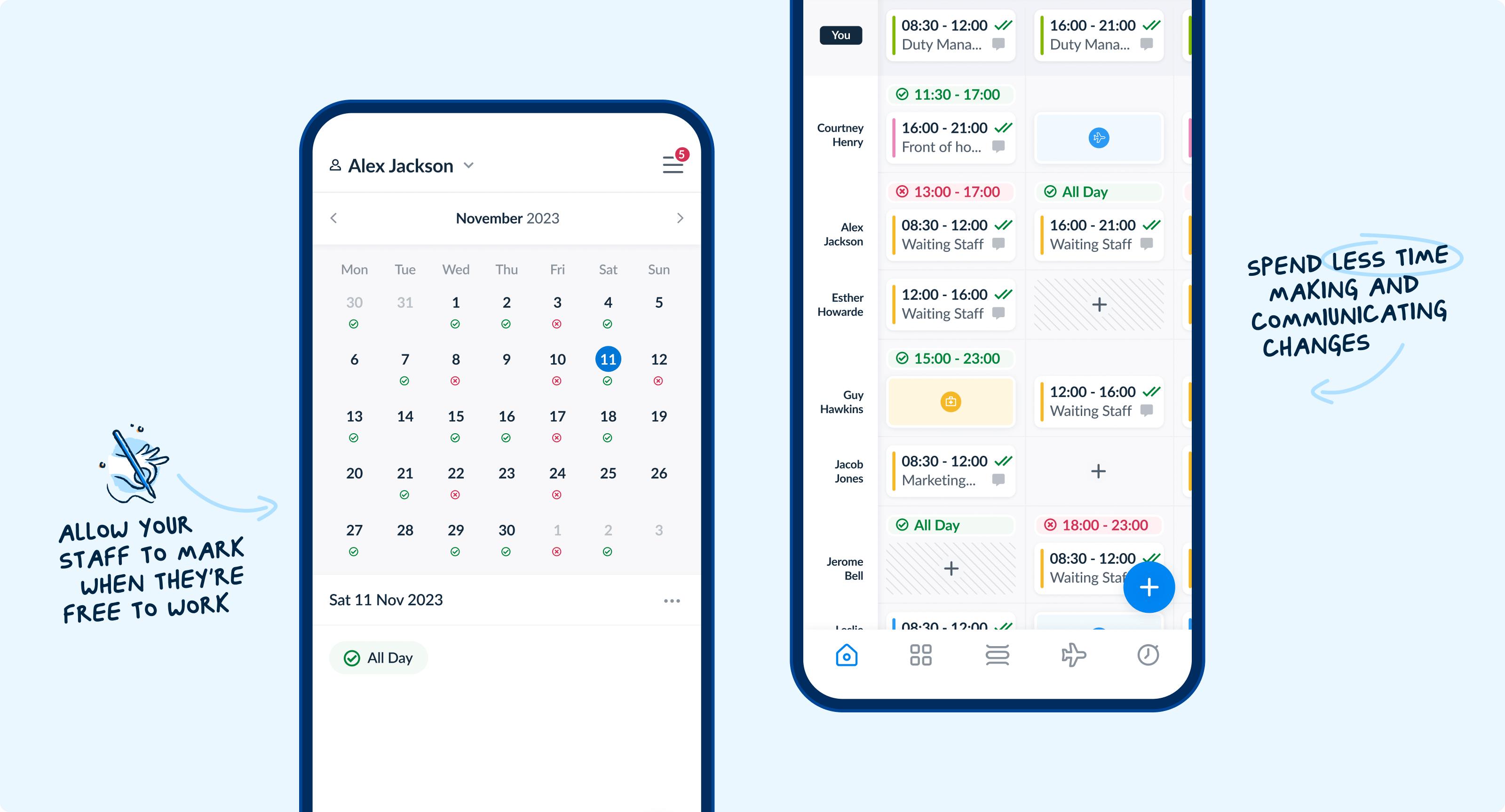 Screenshots of a calendar in the RotaCloud app marked with red and green availability and unavailability dots.