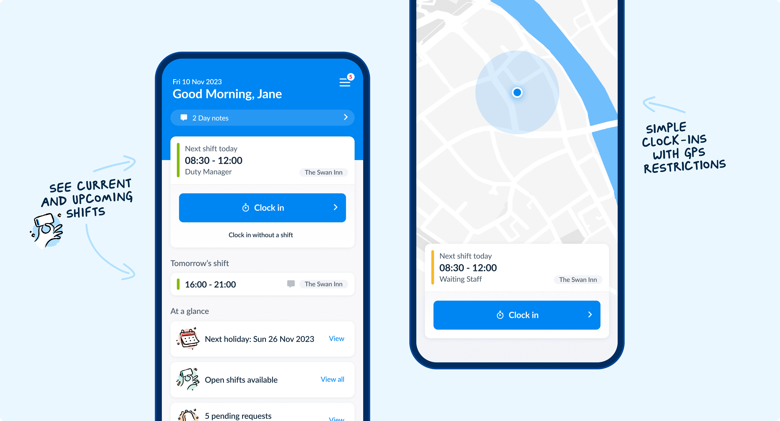 RotaCloud mobile app screenshot showing Dashboard and clocking-in screens