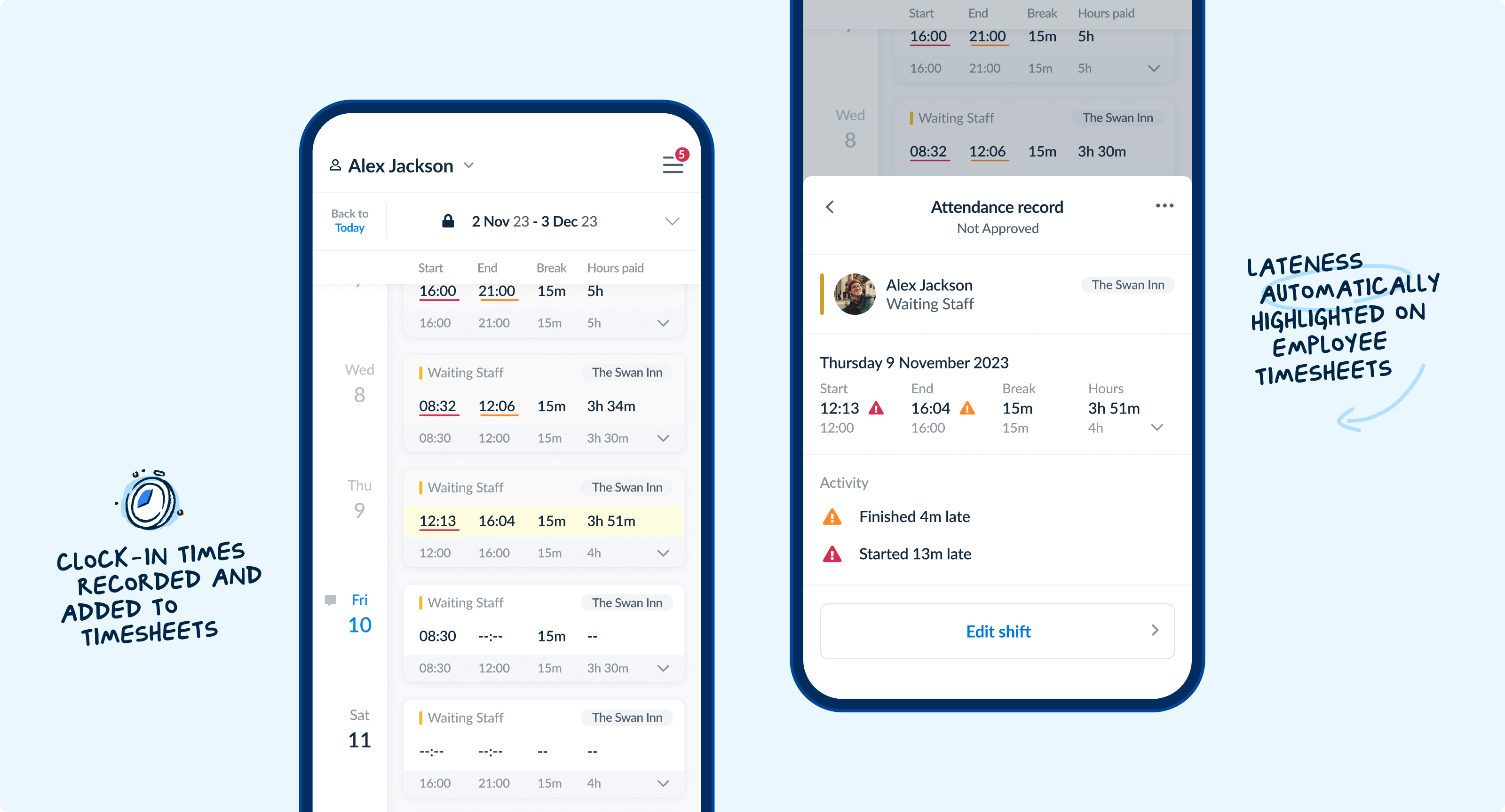 Screenshots of an example employee timesheet in the RotaCloud mobile app.
