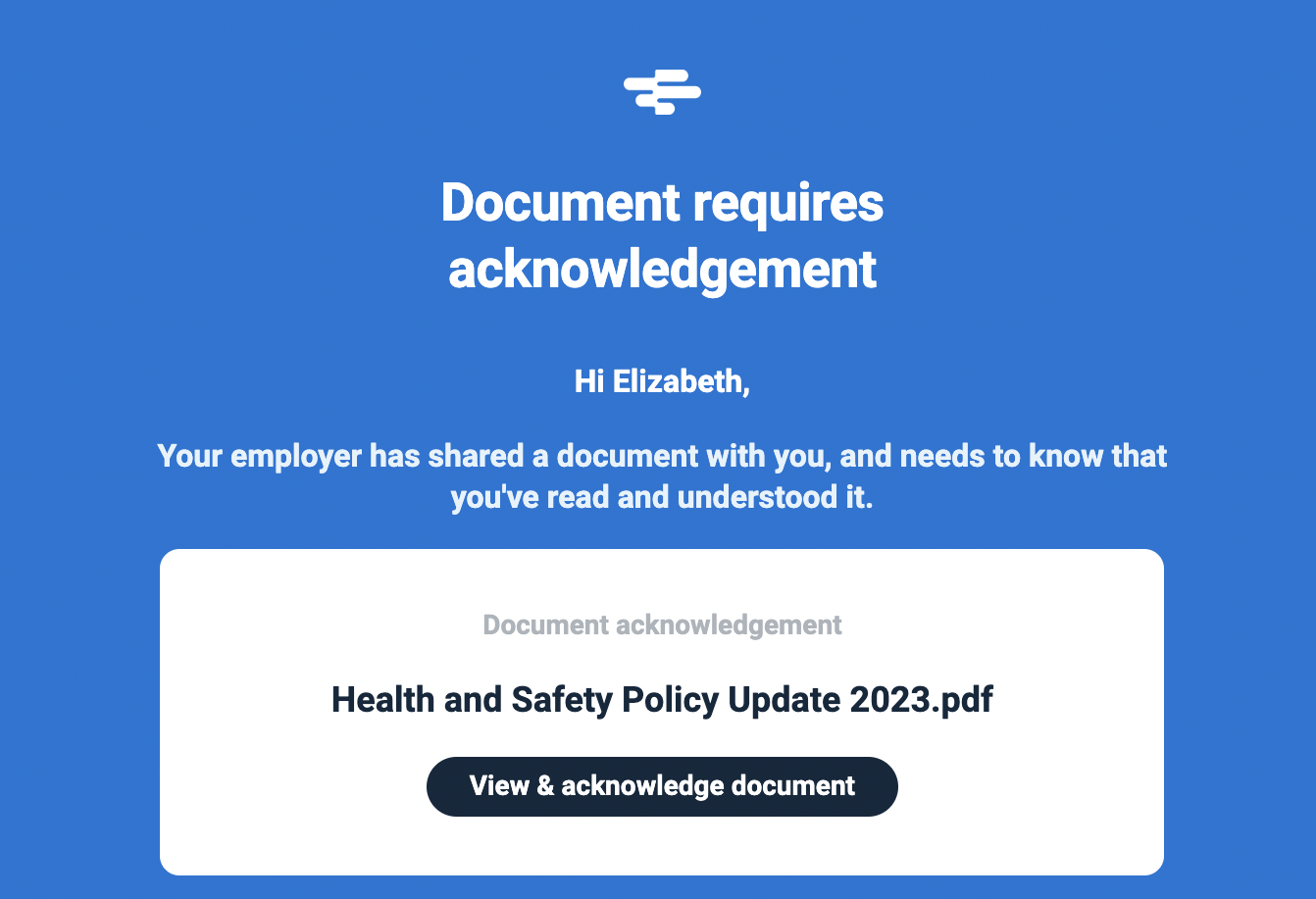 Screenshot of an email from RotaCloud saying that a document requires acknowledgement.