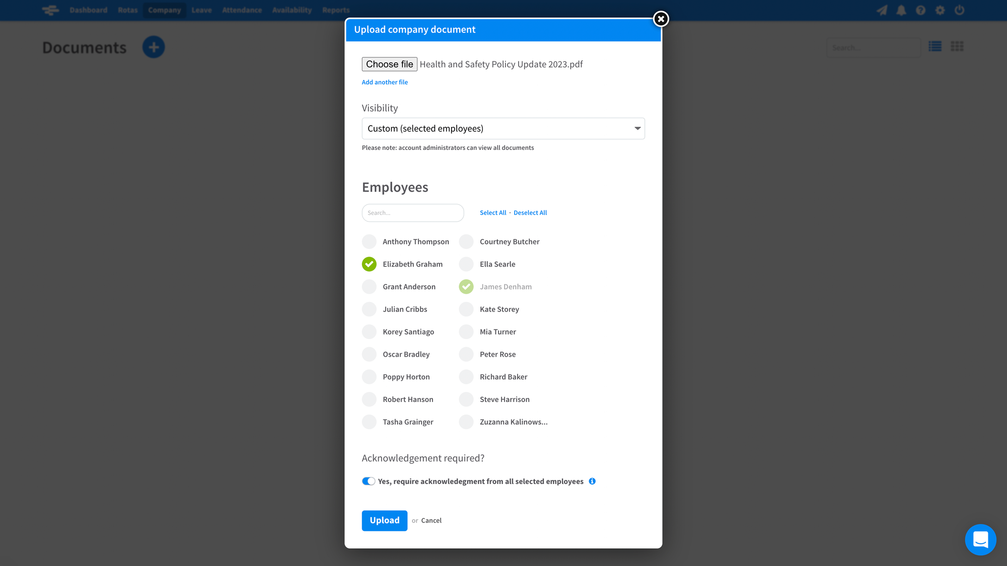 Screenshot of a company document upload in RotaCloud with a selection of employees selected as able to see it.