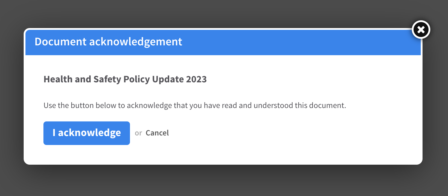 Screenshot of document acknowledgement confirmation screen
