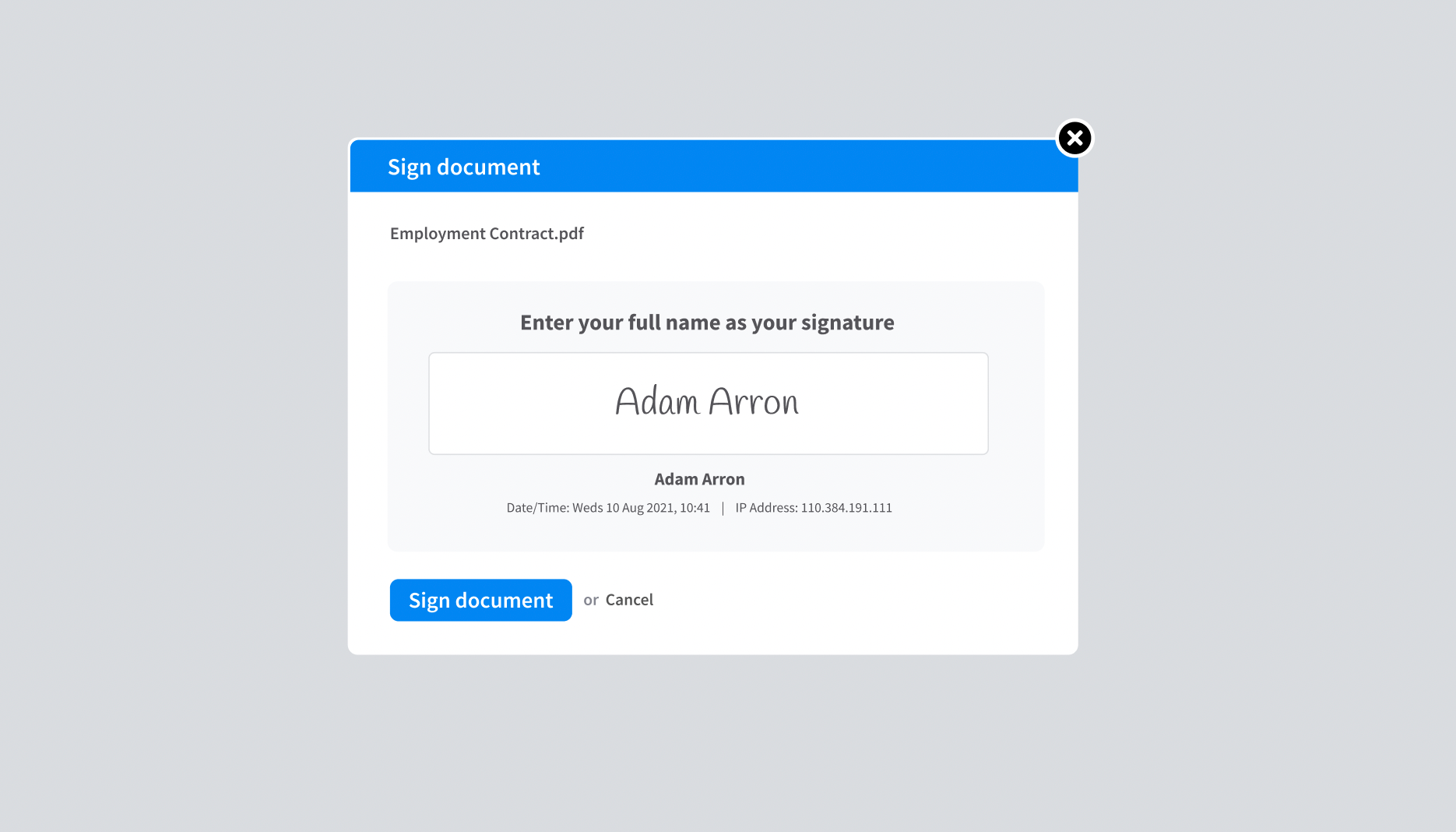 Screenshot of the document signing feature in RotaCloud.