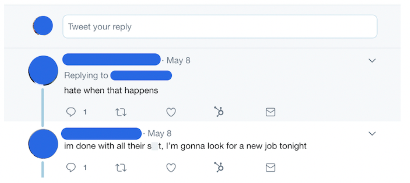 Tweet screenshot: Hate when that happens / I'm done with all their s**t, I'm gonna look for a new job tonight