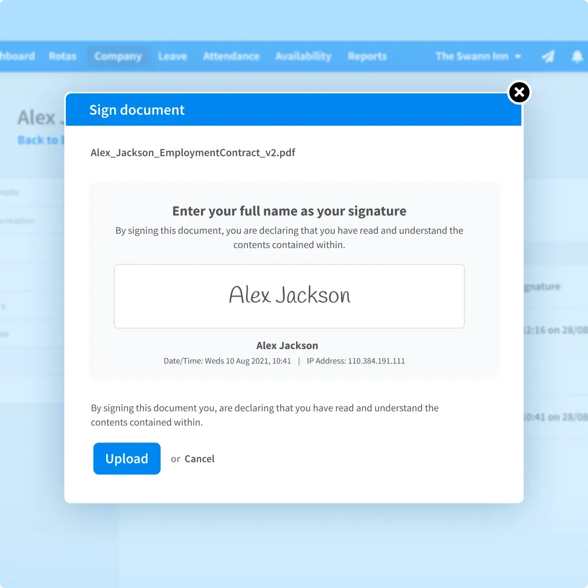 Screenshot of the document signing feature in RotaCloud