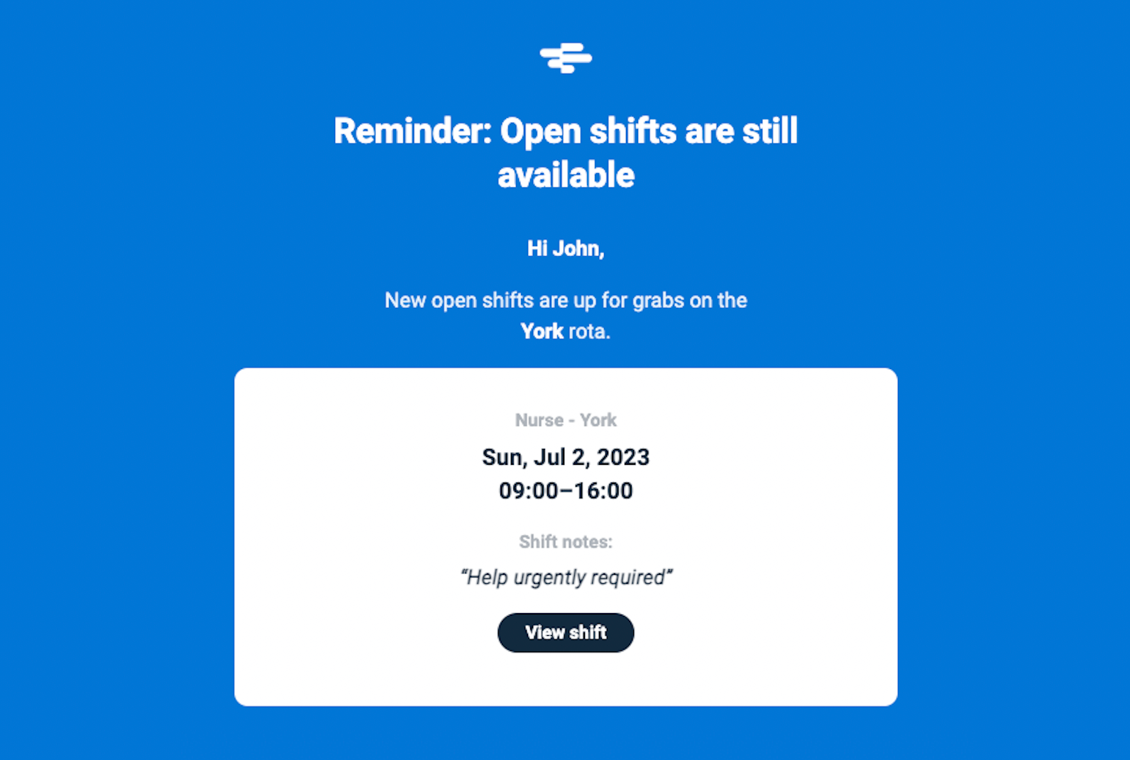 Screenshot of an open shift reminder email in RotaCloud showing one unclaimed shift and a 'View shift' button