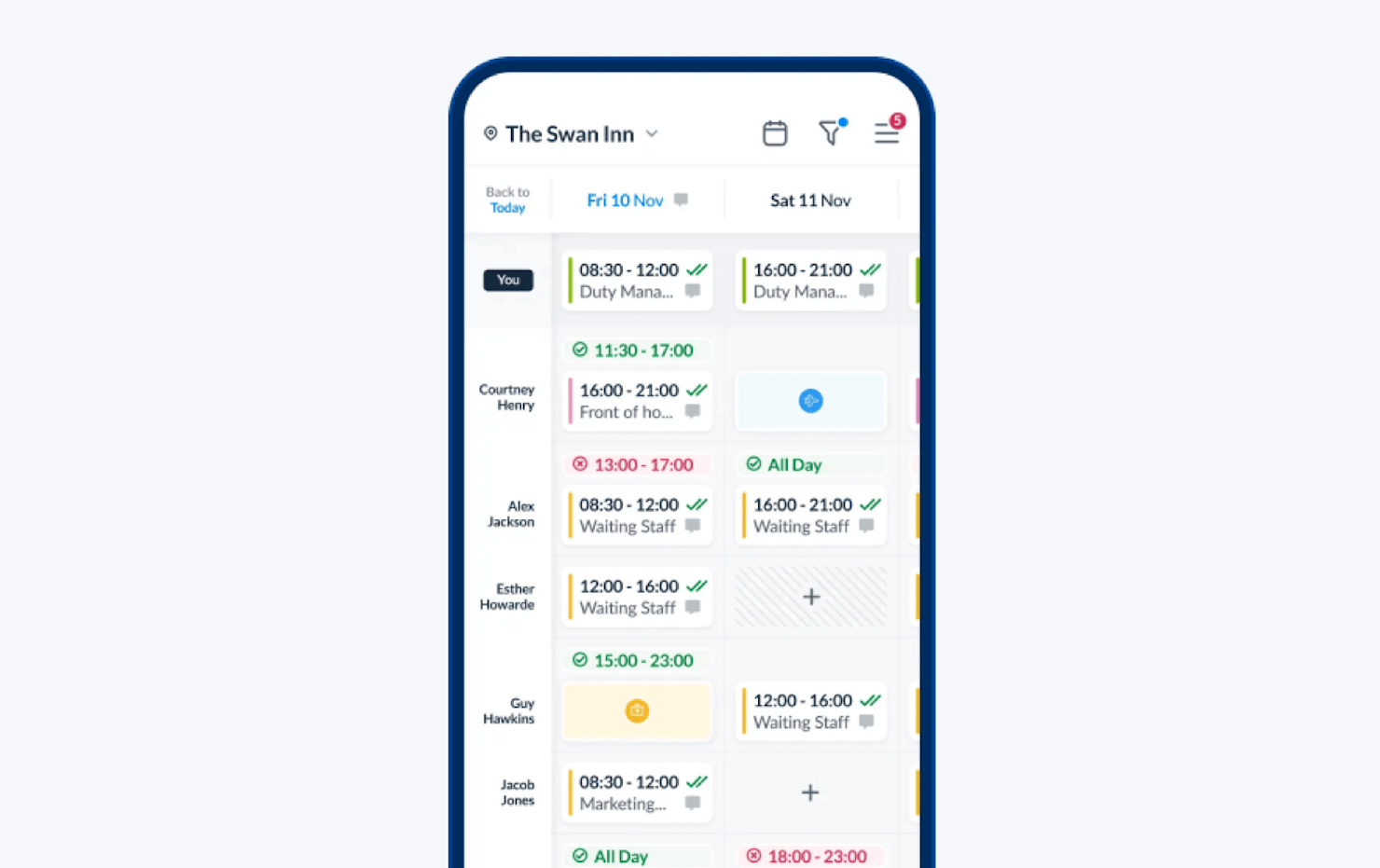 RotaCloud running on a mobile device displaying a typical restaurant rota