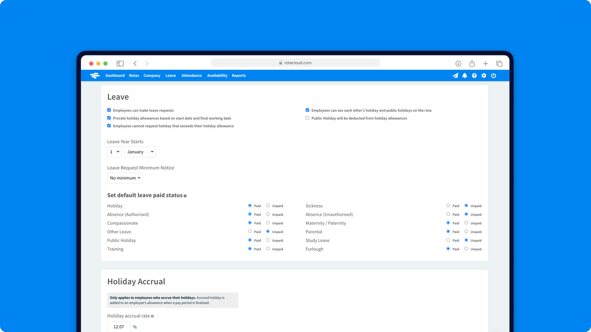 The holiday accrual screen in RotaCloud showing options for different leave types