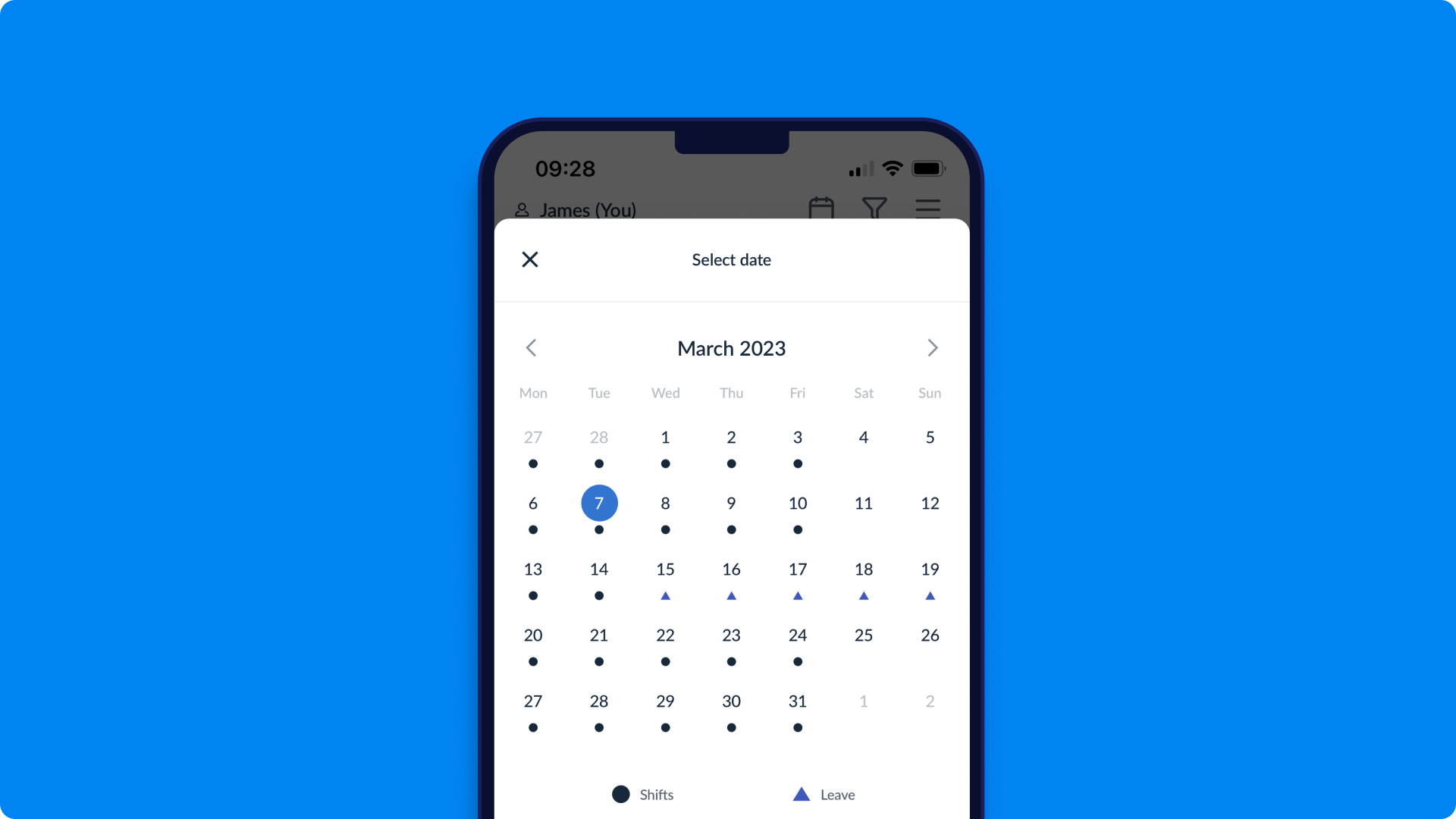 Mobile mockup showing a calendar marked with dots for shifts and annual leave