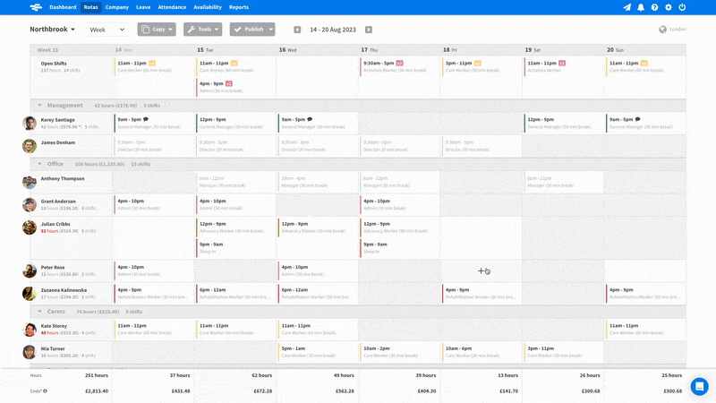 Animated gif of a rota in RotaCloud with a shift being dragged to the 'Open Shifts' row