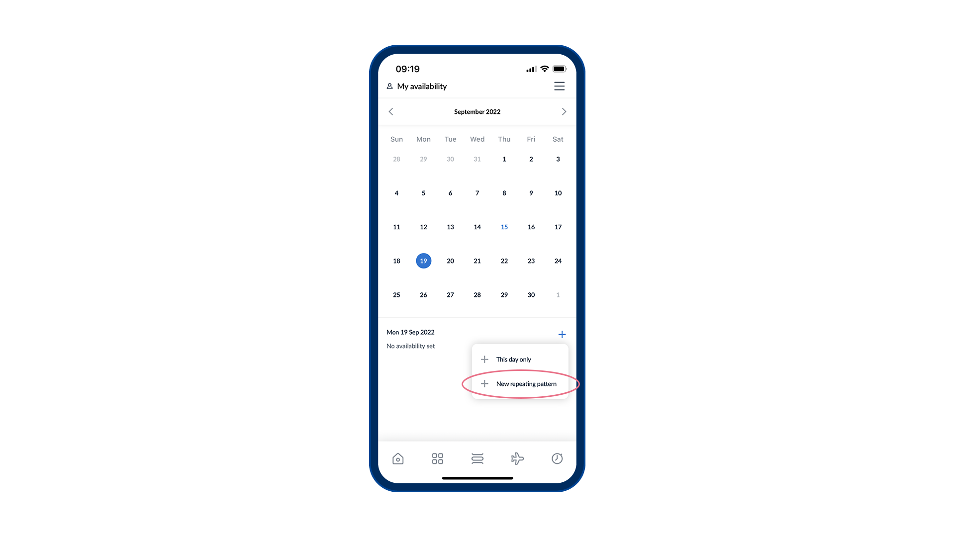 Screenshot of the Availability feature on the RotaCloud mobile app with 'New repeating pattern' option highlighted