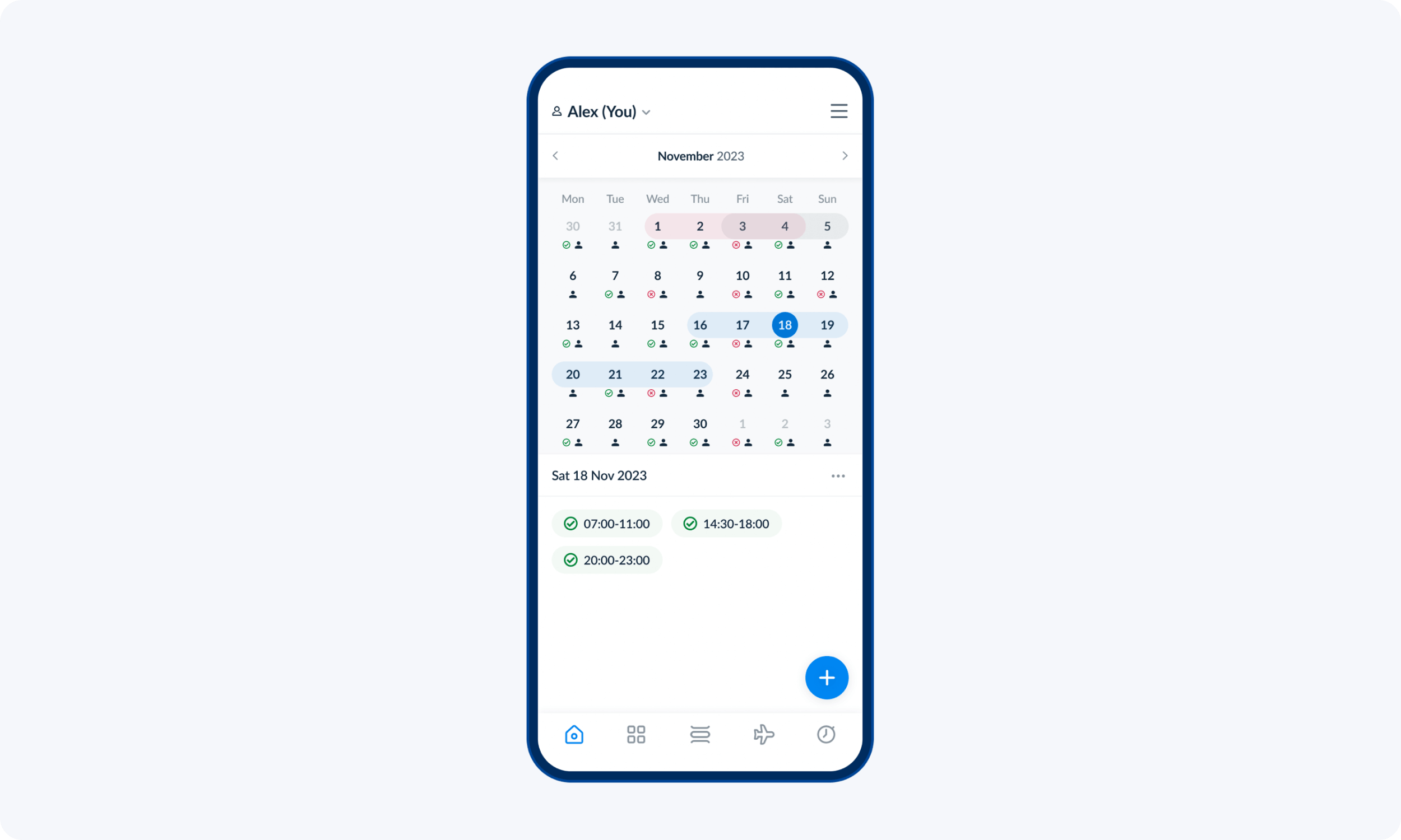 Screenshot of an employee's availability calendar in the RotaCloud mobile app