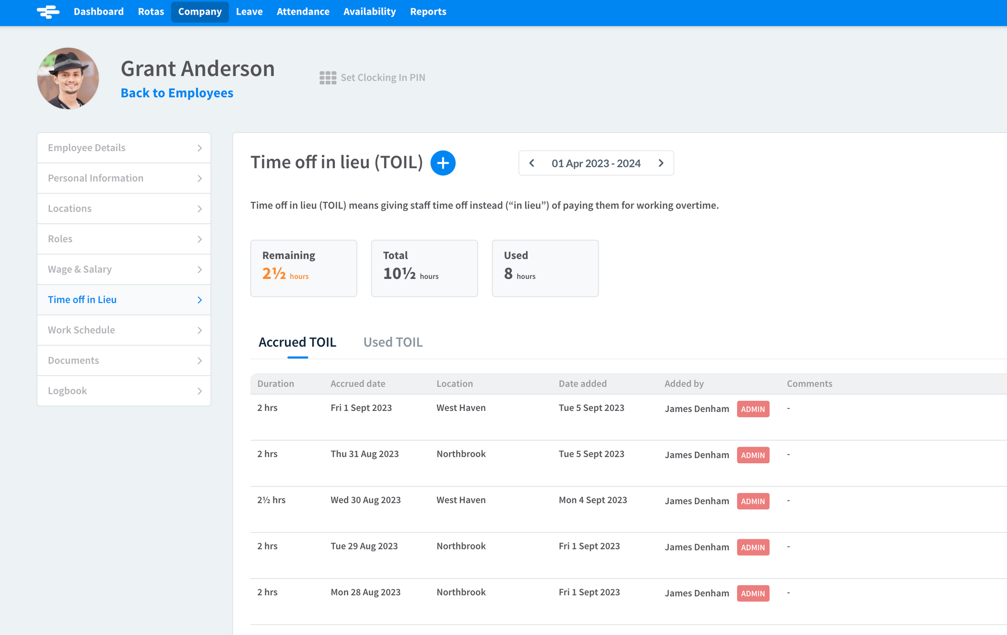 Screenshot of an employee's time off in lieu record in the RotaCloud web app