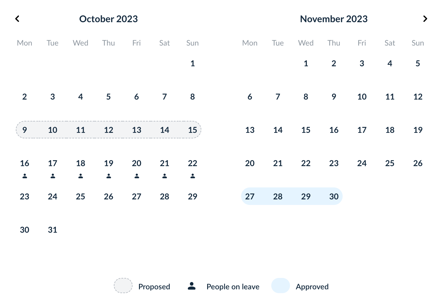 Screenshot of a calendar in RotaCloud showing October and November 2023, some dates marked with a person icon