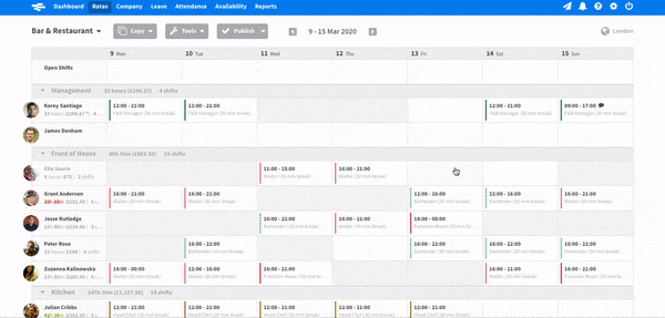 Animated gif showing a shift in RotaCloud being dragged from one employee to a row marked "Open Shifts"