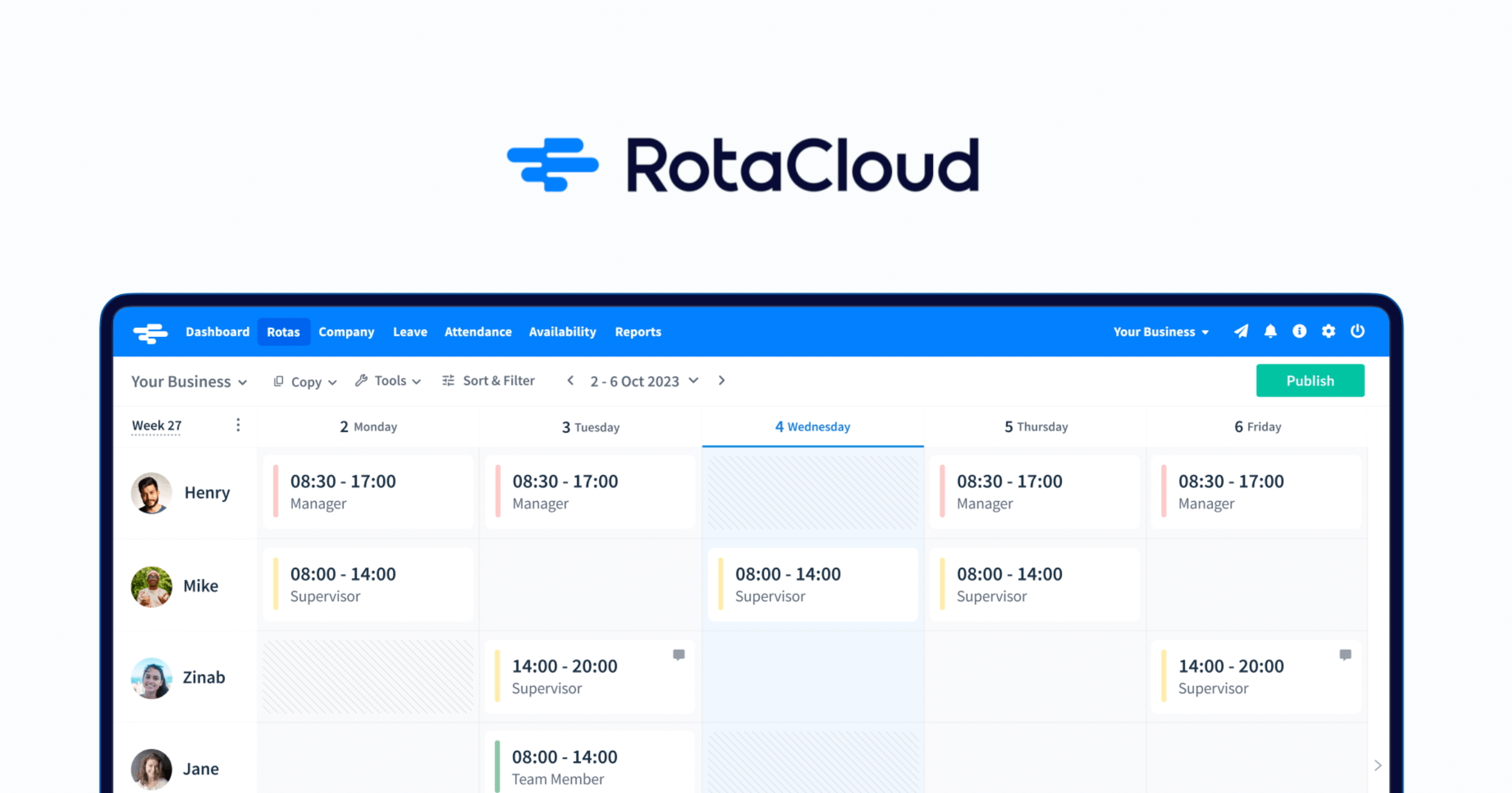 Screenshot of RotaCloud running on a laptop computer with the RotaCloud logo above it 