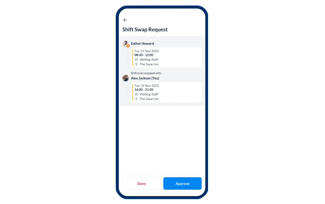 Screenshot of a shift swap proposal on the RotaCloud mobile app