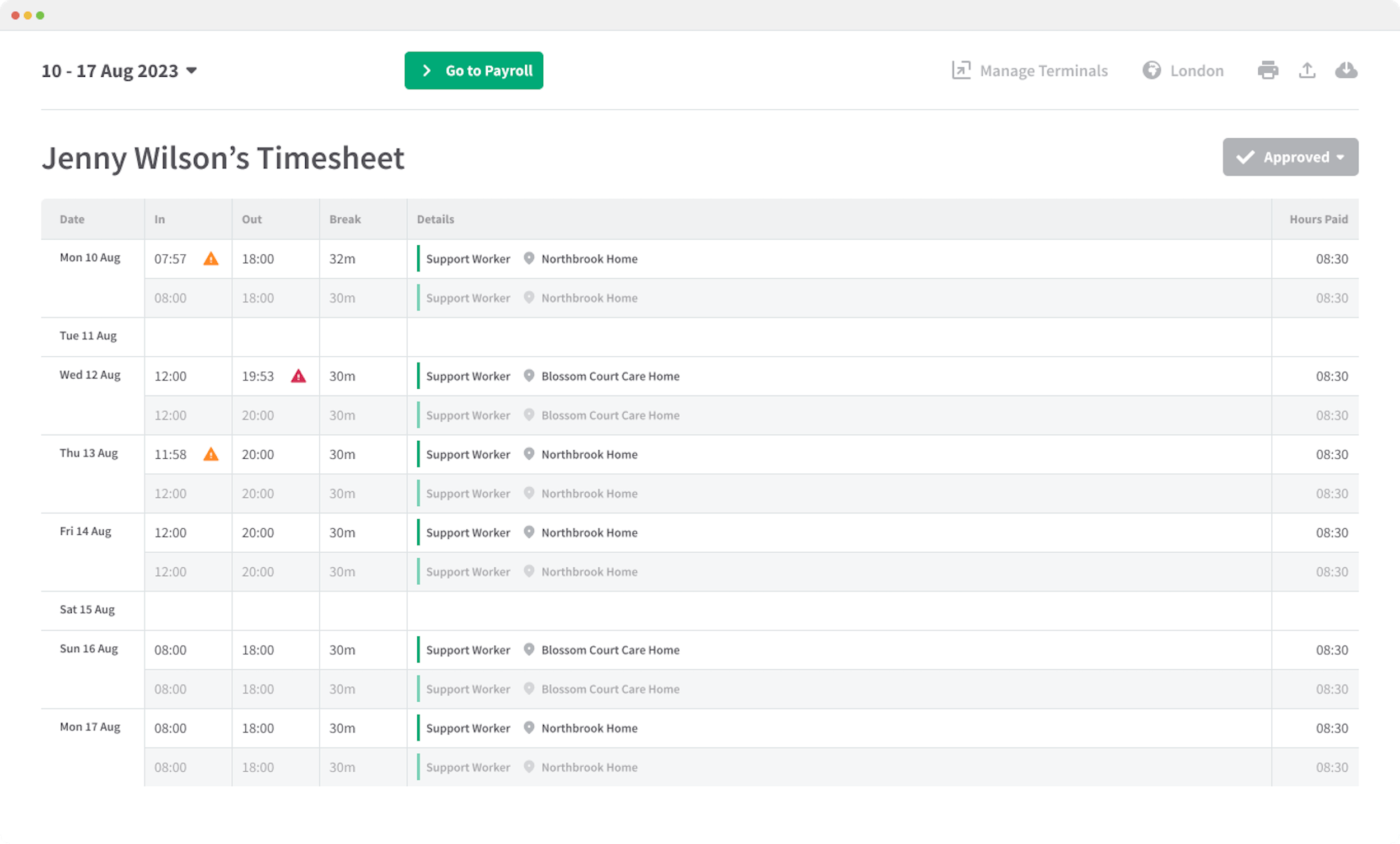 Screenshot of an employee timesheet in RotaCloud