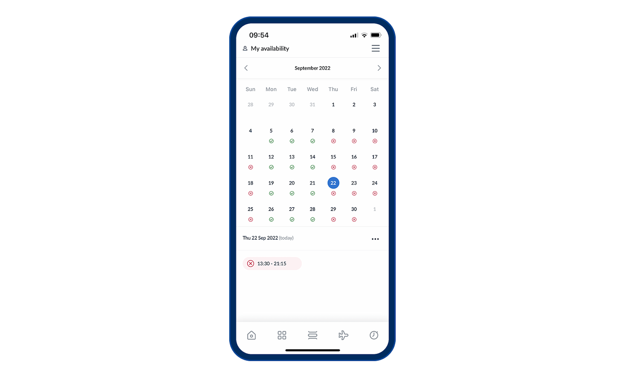 Screenshot of an availability calendar on the RotaCloud mobile app