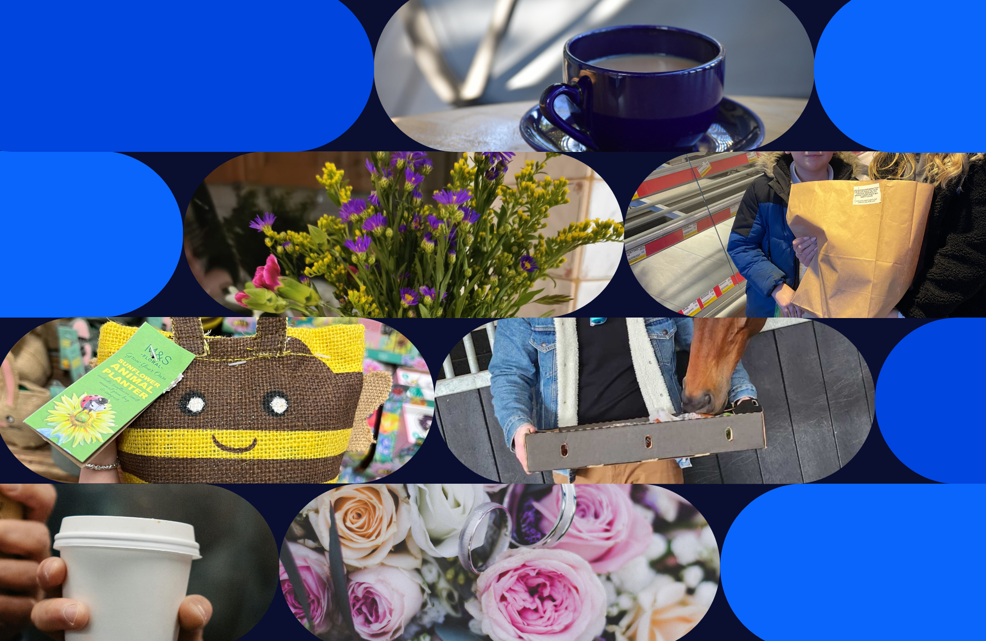 A collage of photos showing a few ways RotaCloud staff made people's days: gifting flowers, coffee, groceries, and even horse treats!