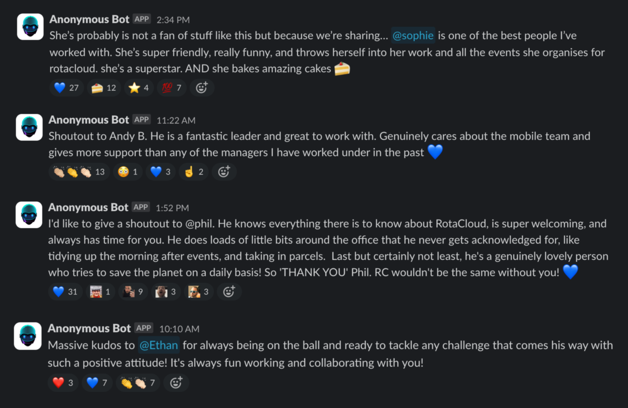 Four anonymous messages in Slack, giving thanks to Sophie, Andy, Phil, and Ethan of RotaCloud.