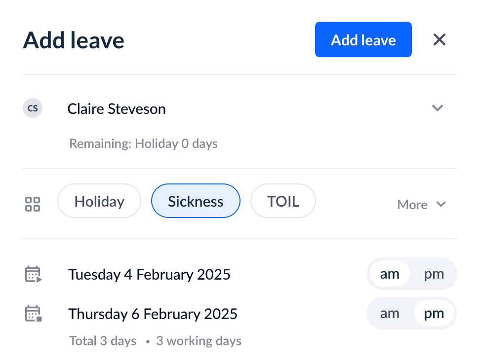 Screenshot of adding sickness absence in RotaCloud