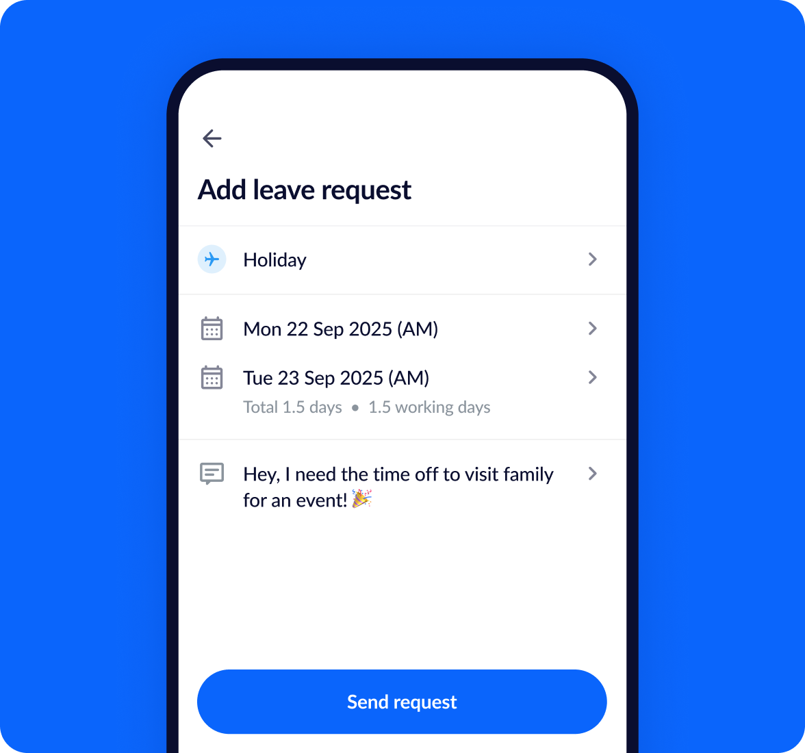 A screenshot of a leave request in the RotaCloud mobile app