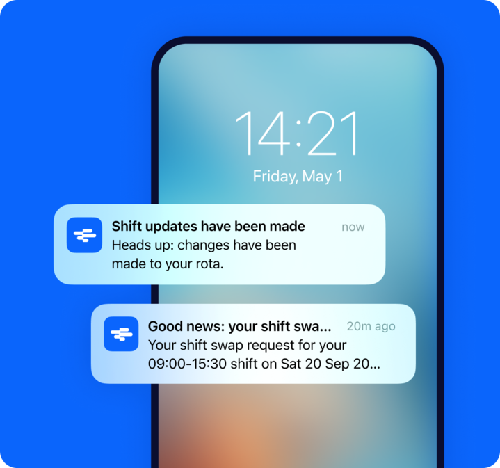 Graphic showing a smartphone lockscreen and two notifications from RotaCloud: one about shift updates and another for an approved shift swap.