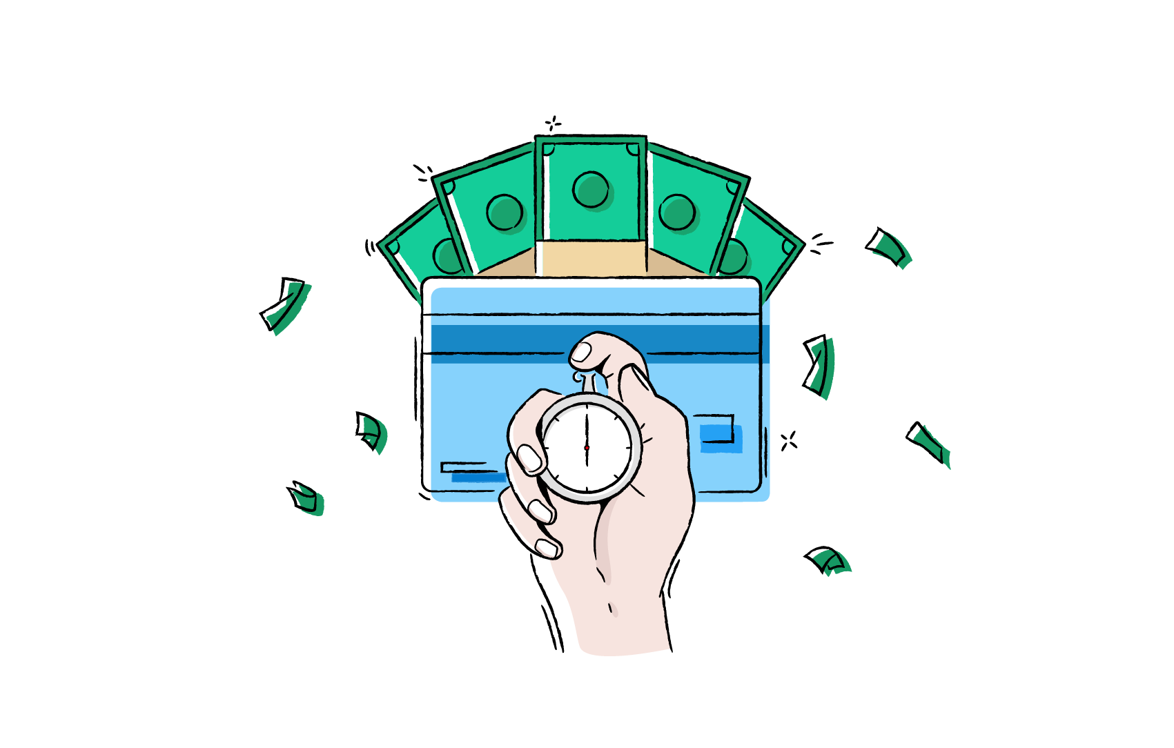 An illustration of a hand holding a stopwatch in front of a screen and wads of bank notes.