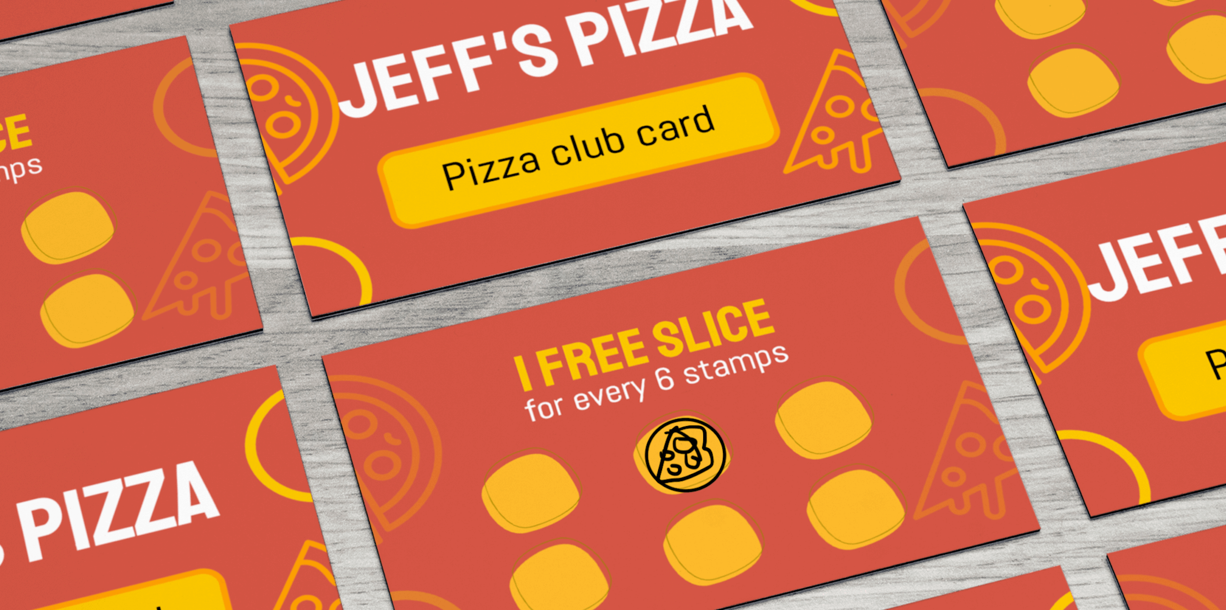 Rows of red-and-yellow stamp cards for "Jeff's Pizza" with one stamp completed